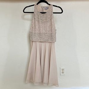 Nude beaded mini skater dress